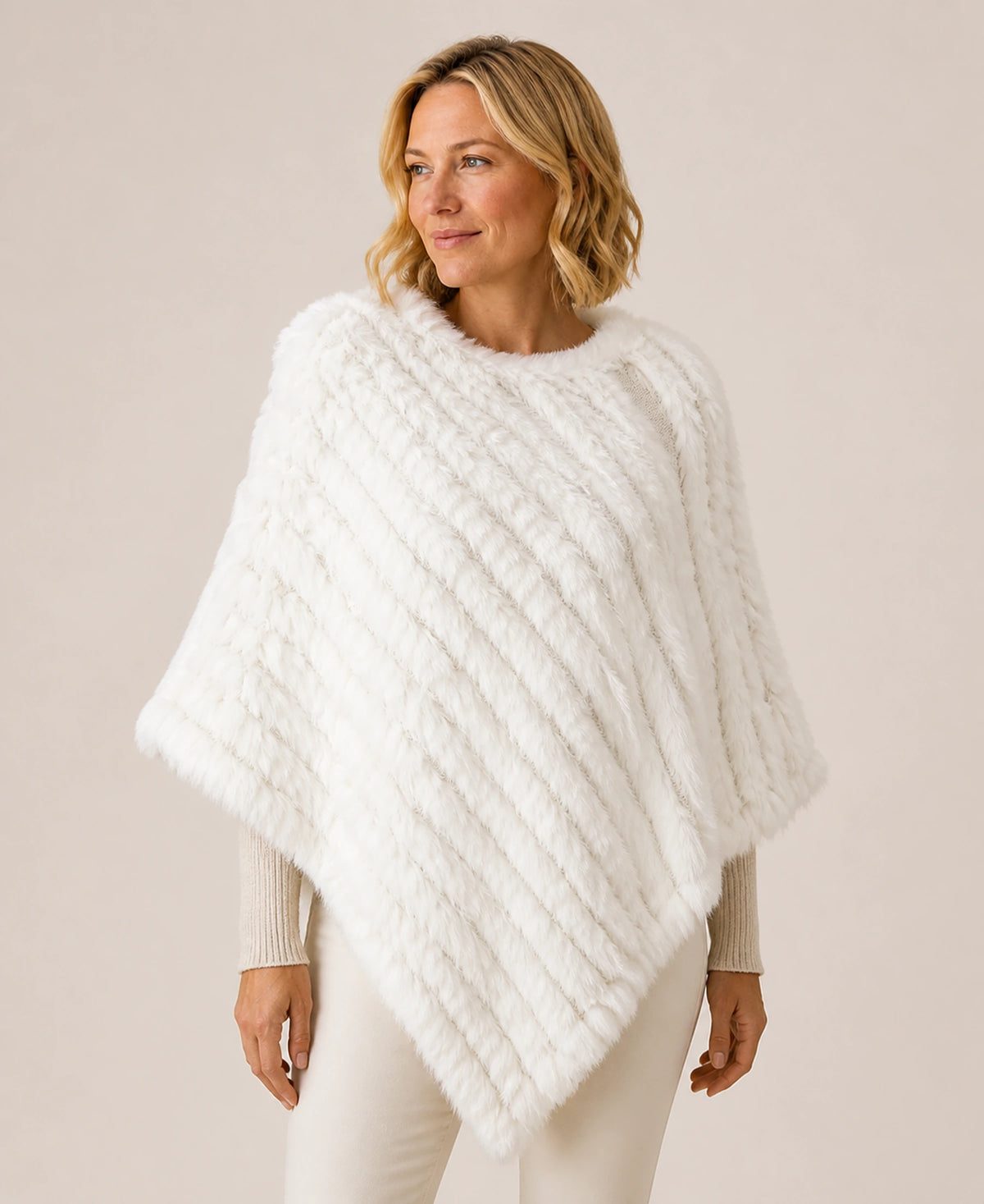 Handwoven Genuine Rabbit Fur Triangle Poncho – Collar Style: Classic Knit Collar | Color: White on-model lifestyle image