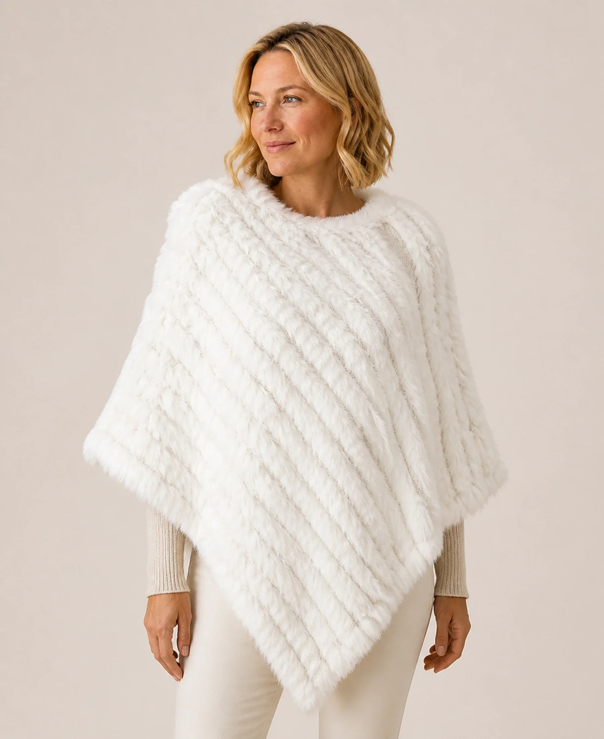 Handwoven Genuine Rabbit Fur Triangle Poncho – Collar Style: Classic Knit Collar | Color: White on-model lifestyle image