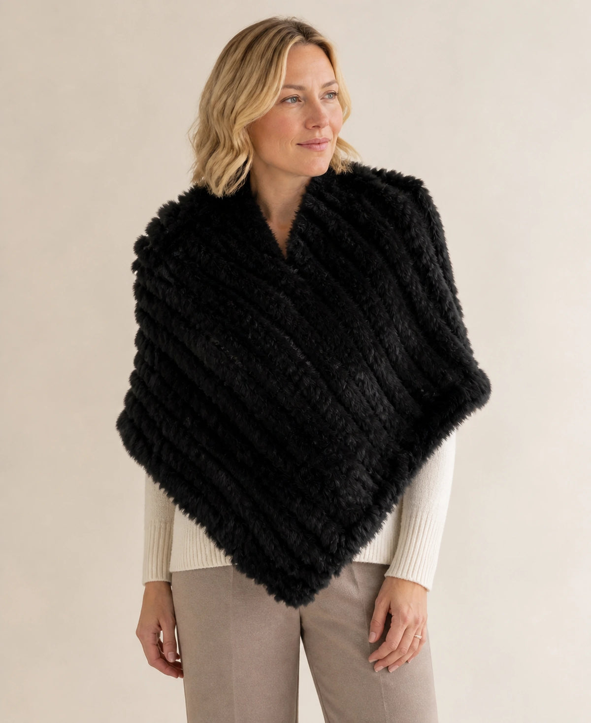 Handwoven Genuine Rabbit Fur Triangle Poncho – Collar Style: Raccoon Fur Collar | Color: Black on-model lifestyle image