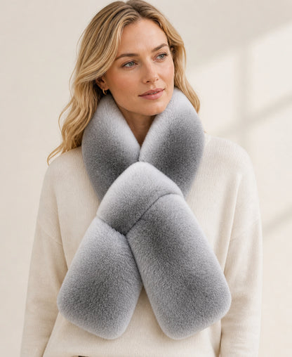 Genuine Rex Rabbit Fur Pull-Through Scarf - Double-Sided Gradient – Color: Chinchilla Blue Gradient on-model lifestyle image