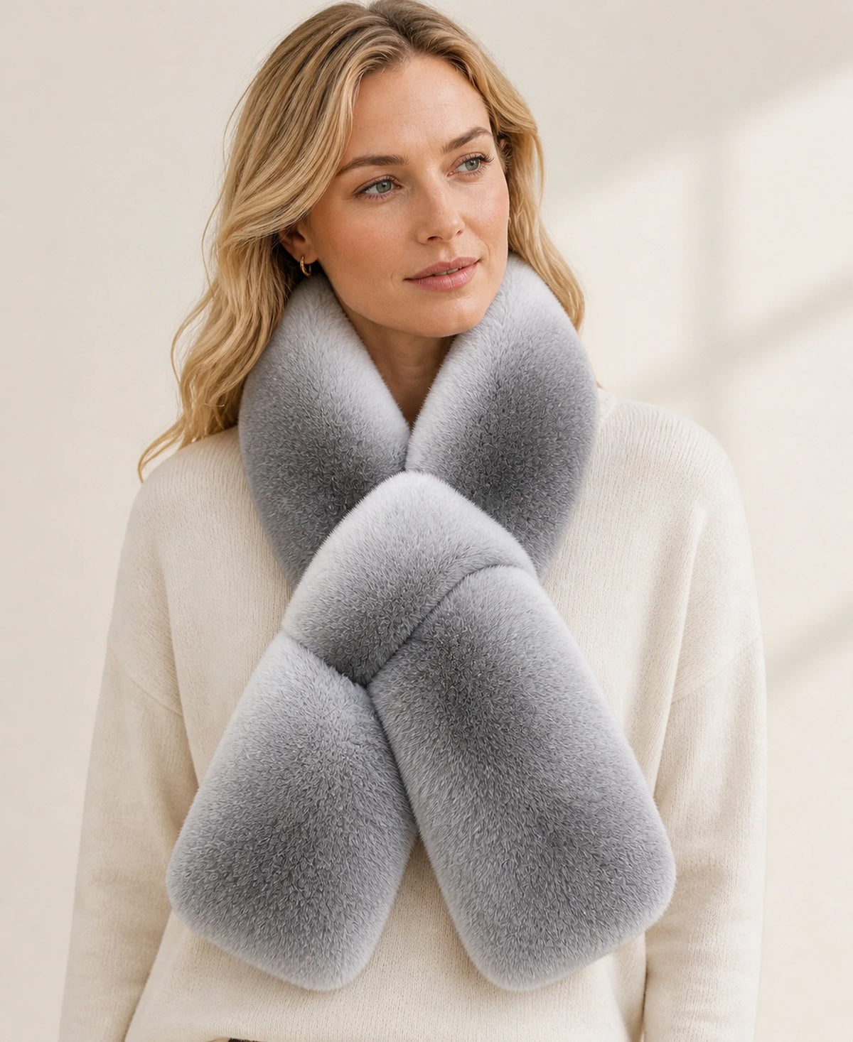 Genuine Rex Rabbit Fur Pull-Through Scarf - Double-Sided Gradient – Color: Chinchilla Blue Gradient on-model lifestyle image
