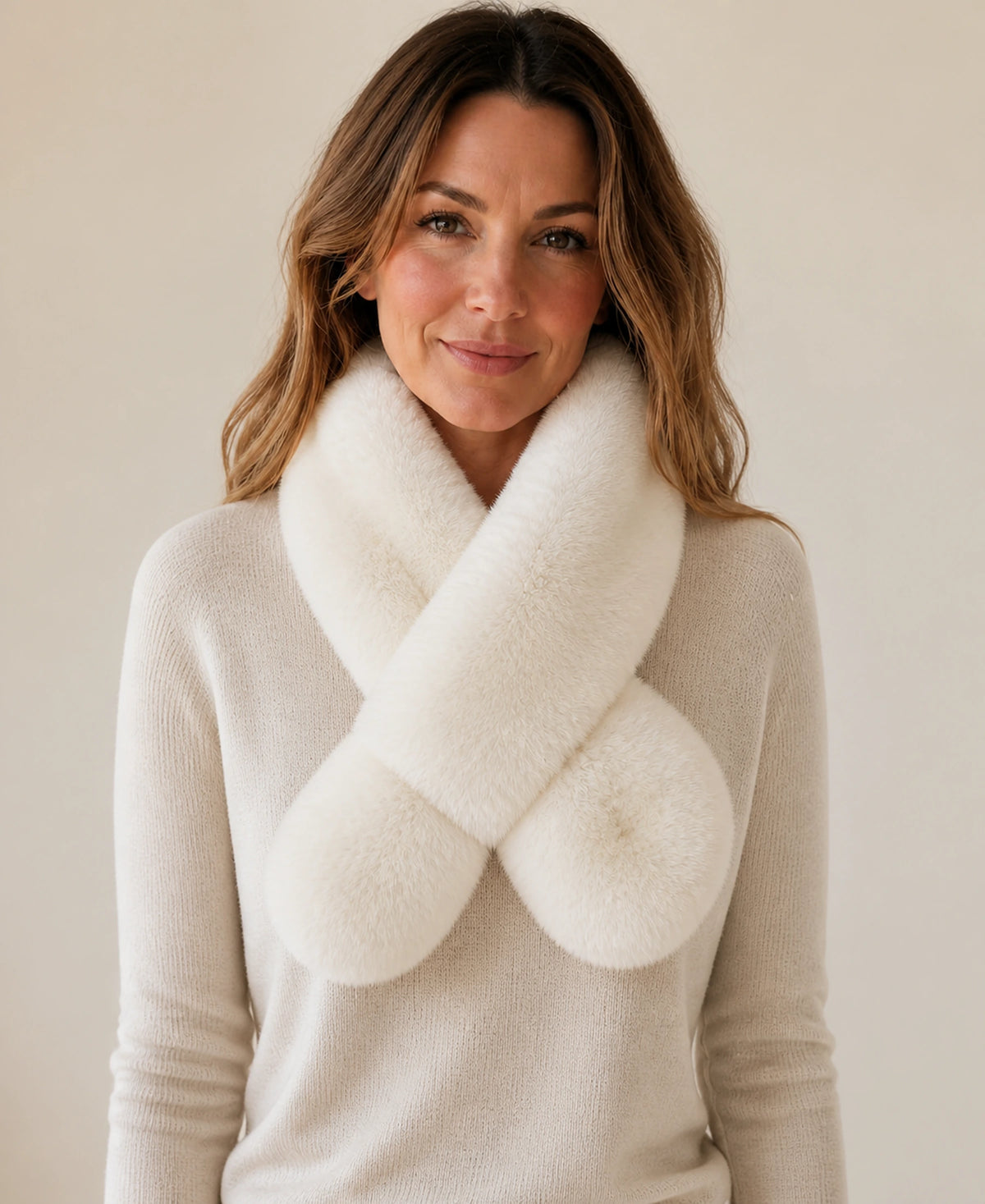 Reversible Genuine Rex Rabbit Fur Rabbit-Ear Crossover Scarf – Color: Ivory on-model lifestyle image