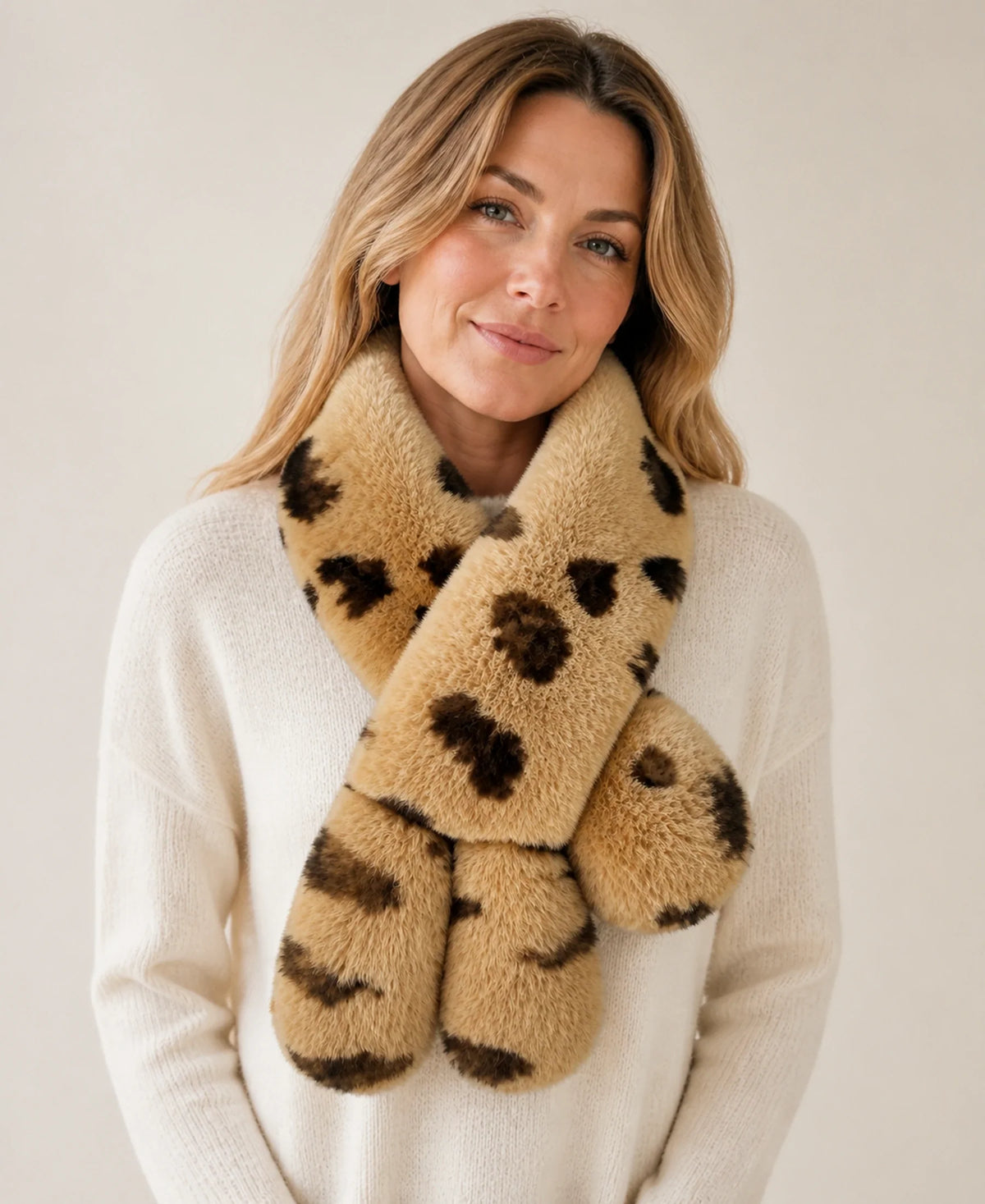 Reversible Genuine Rex Rabbit Fur Rabbit-Ear Crossover Scarf – Color: Leopard on-model lifestyle image
