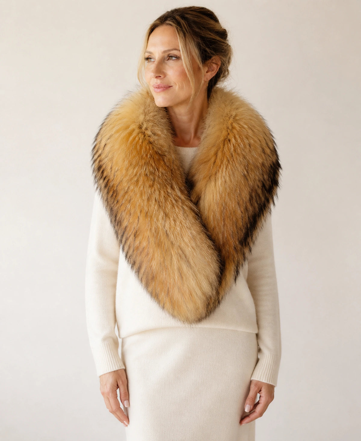 Women's Genuine Fox Fur Pull-On Cape Scarf & Shawl – Color: Natural Golden Tan on-model lifestyle image