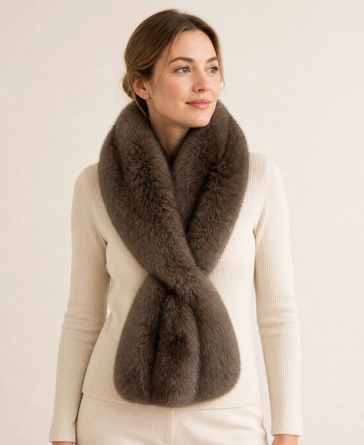 Genuine Sable Fur Rectangular Pull-Through Scarf – Color: Deep Mocha Brown on-model lifestyle image