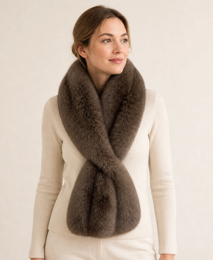 Genuine Sable Fur Rectangular Pull-Through Scarf – Color: Deep Mocha Brown on-model lifestyle image