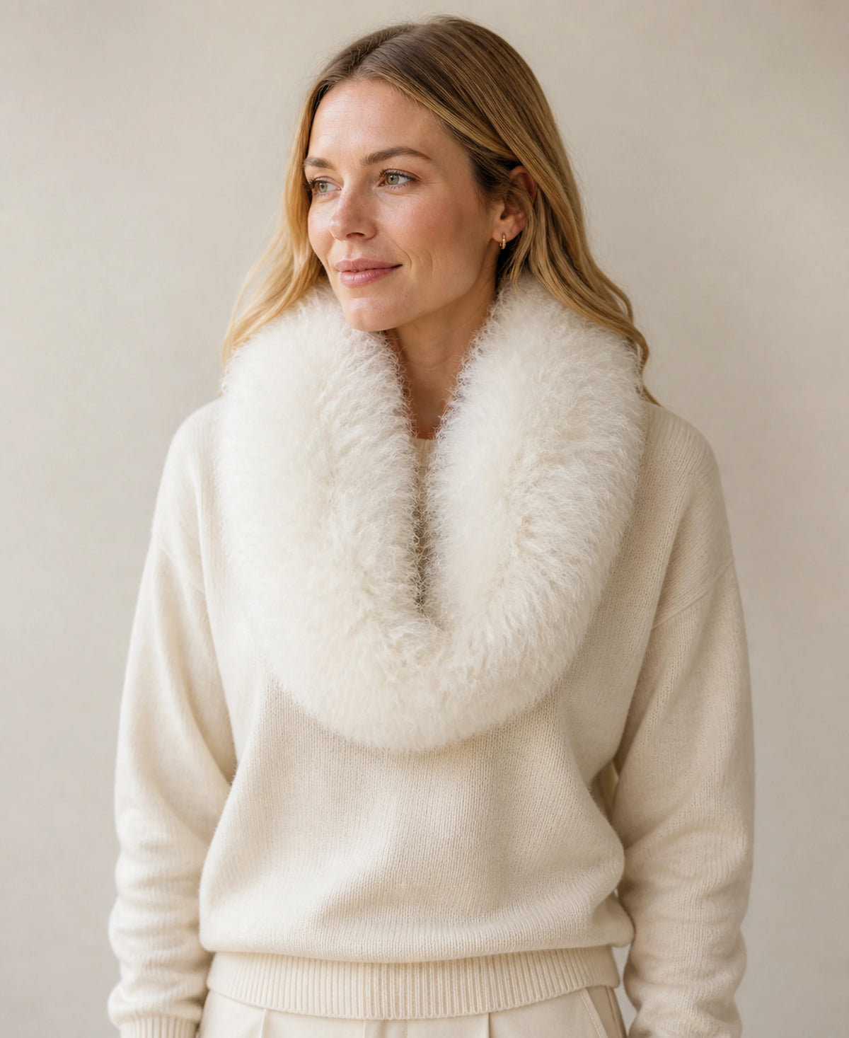 Women's Genuine Lamb Fur Reversible Magnetic Scarf – Color: Ivory White on-model lifestyle image