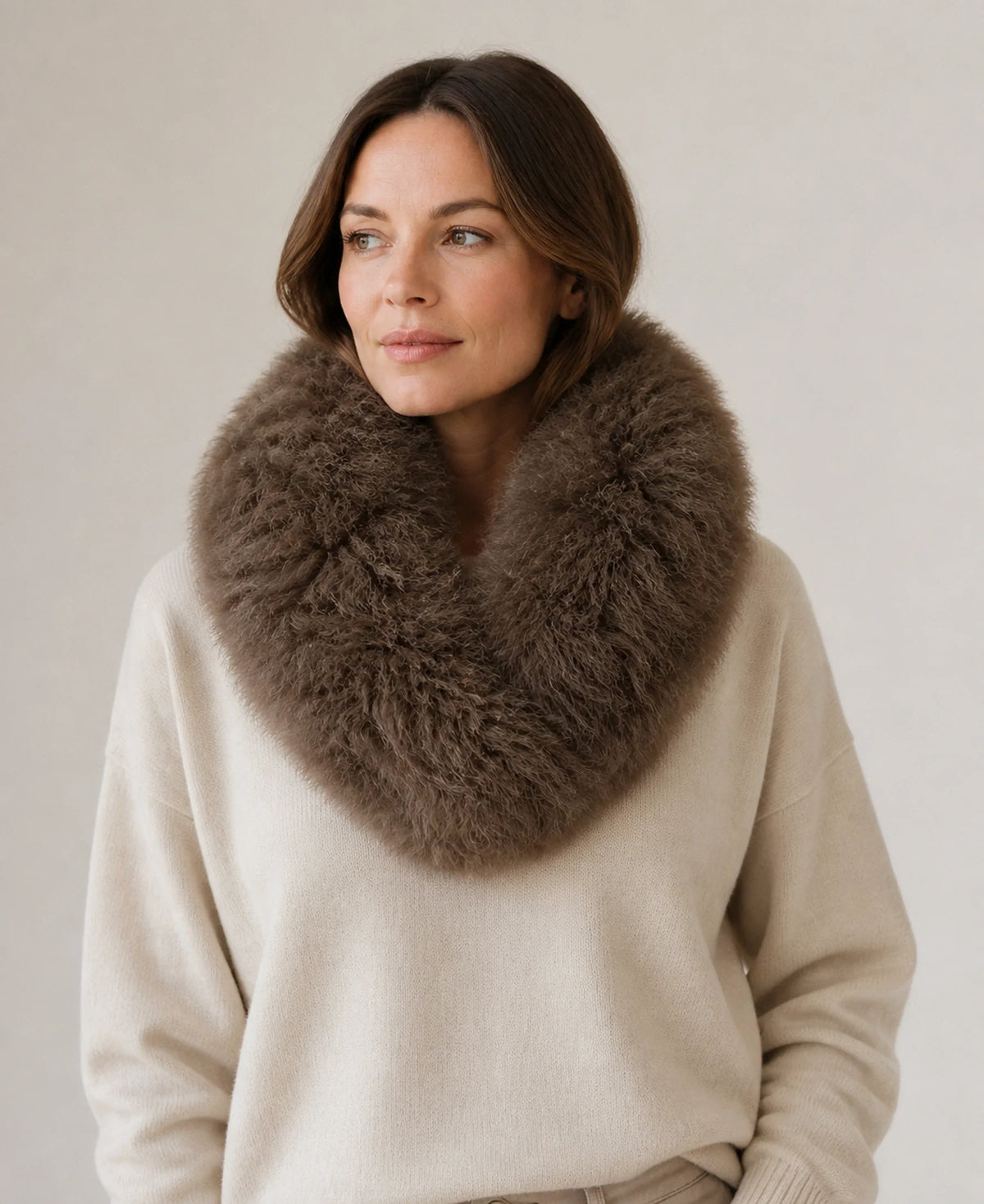 Women's Genuine Lamb Fur Reversible Magnetic Scarf – Color: Warm Brown on-model lifestyle image