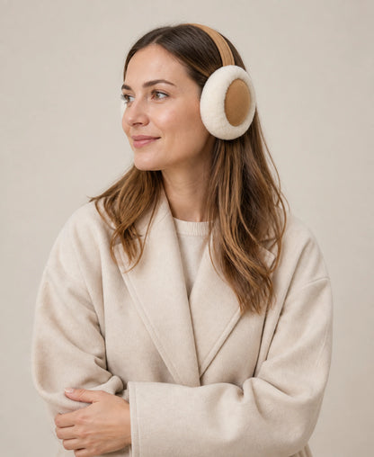 Genuine Australian Sheepskin Adjustable Earmuffs - Ivory & Camel – Color: Ivory & Camel on-model lifestyle image