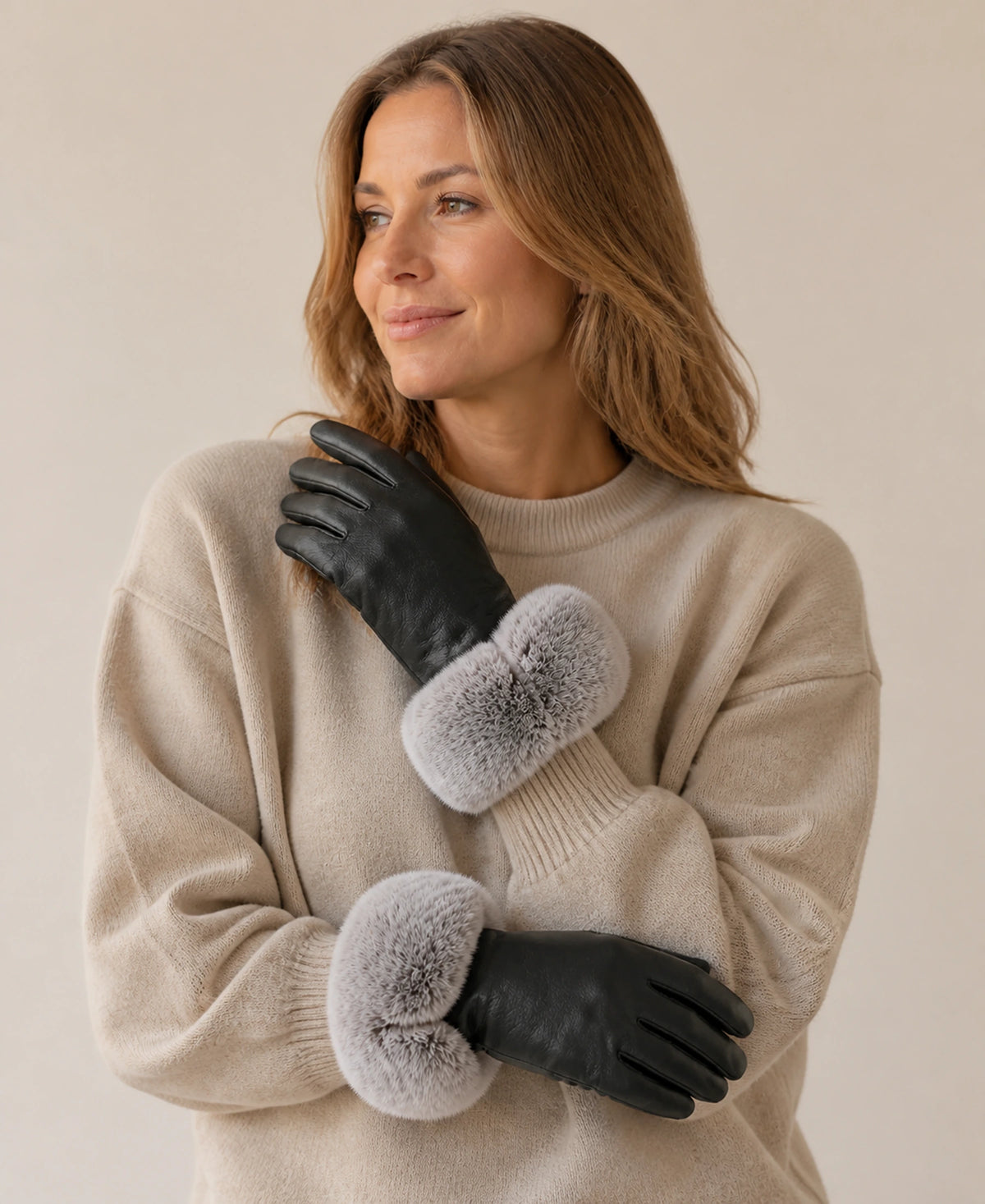 Women's Sheepskin Leather Touchscreen Gloves with Rex Rabbit Fur Cuffs – Color: Black on-model lifestyle image