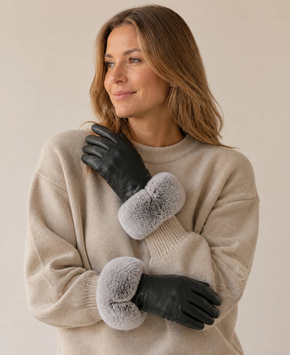 Women's Sheepskin Leather Touchscreen Gloves with Rex Rabbit Fur Cuffs – Color: Black on-model lifestyle image