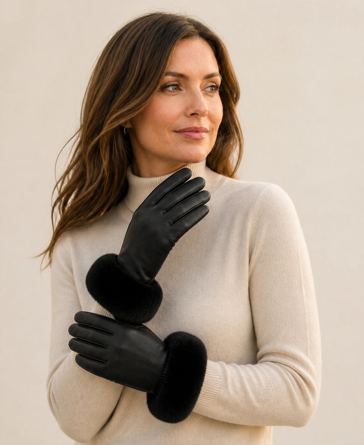 Women's Sheepskin Leather Gloves with Rex Rabbit Fur Cuffs – Color: Black on-model lifestyle image