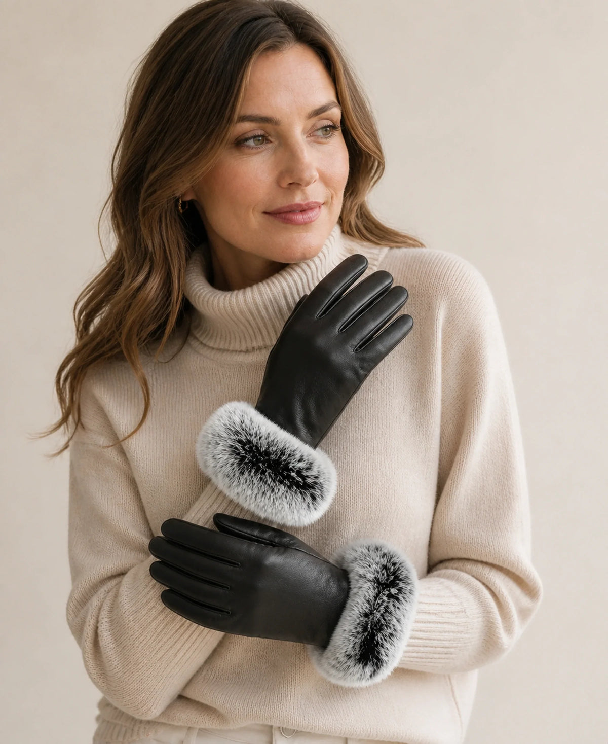 Women's Sheepskin Leather Gloves with Rex Rabbit Fur Cuffs – Color: Black & Silver on-model lifestyle image
