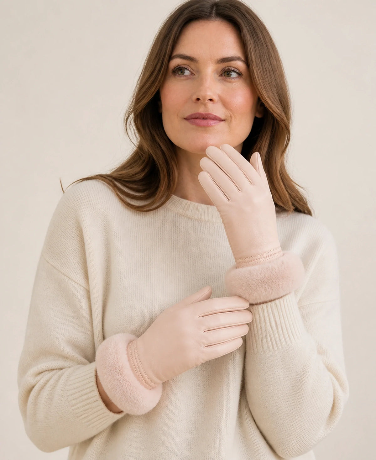 Women's Sheepskin Leather Gloves with Rex Rabbit Fur Cuffs – Color: Blush on-model lifestyle image