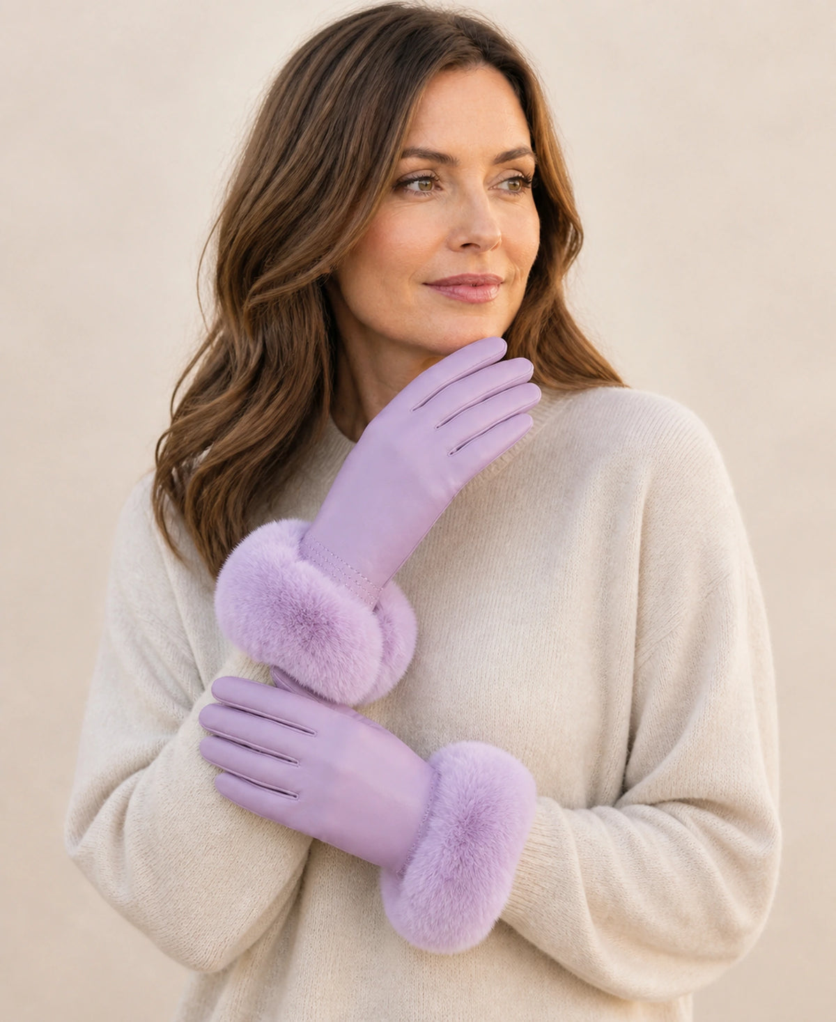 Women's Sheepskin Leather Gloves with Rex Rabbit Fur Cuffs – Color: Lavender on-model lifestyle image