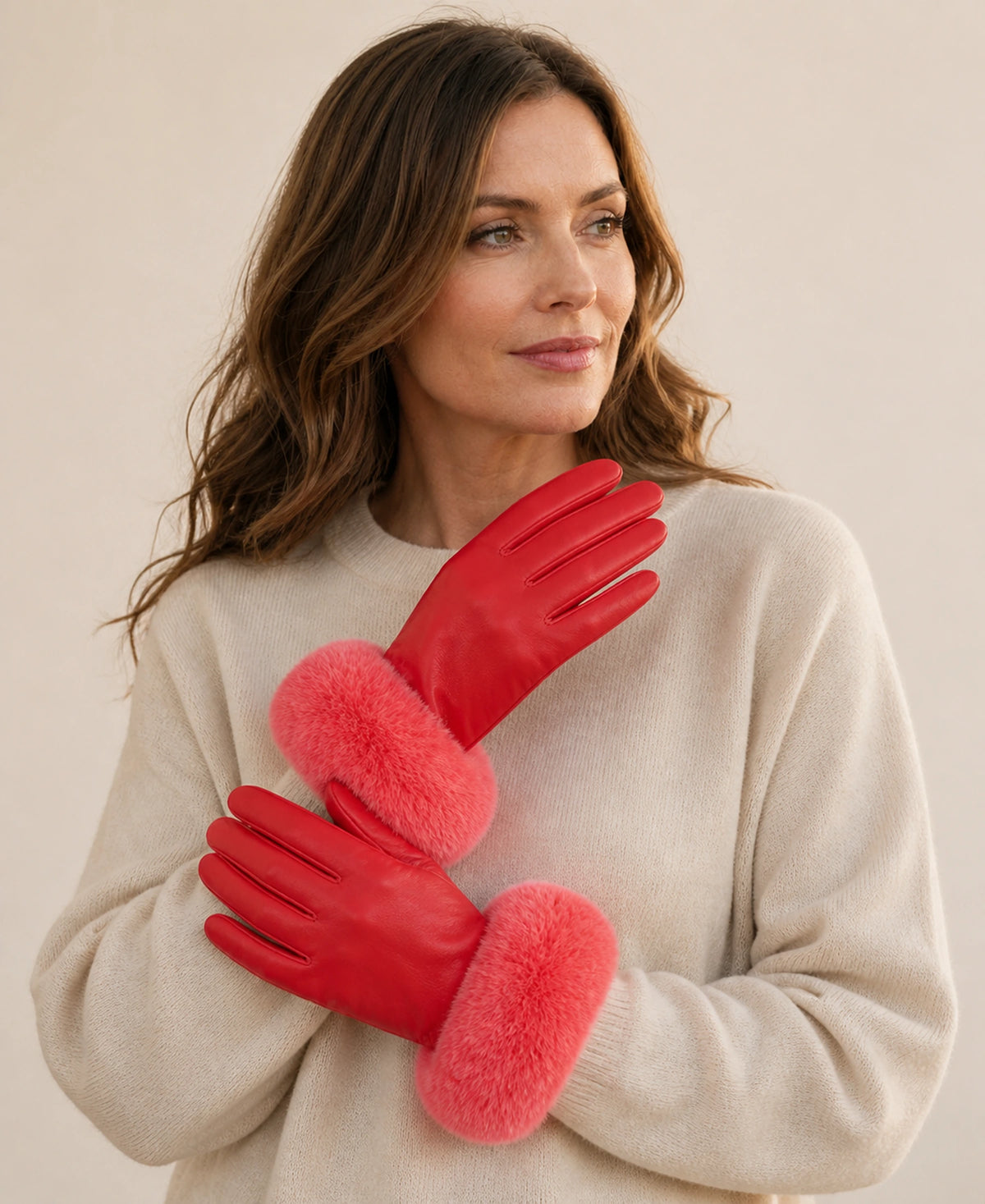 Women's Sheepskin Leather Gloves with Rex Rabbit Fur Cuffs – Color: Red on-model lifestyle image