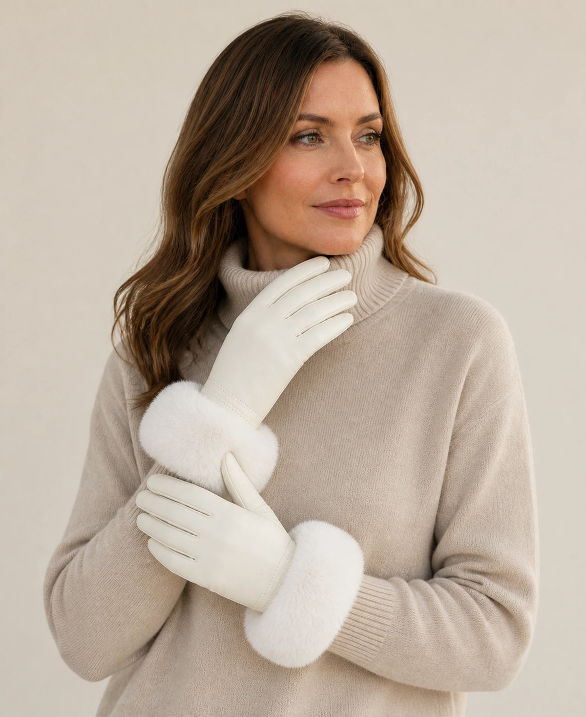 Women's Sheepskin Leather Gloves with Rex Rabbit Fur Cuffs – Color: White on-model lifestyle image