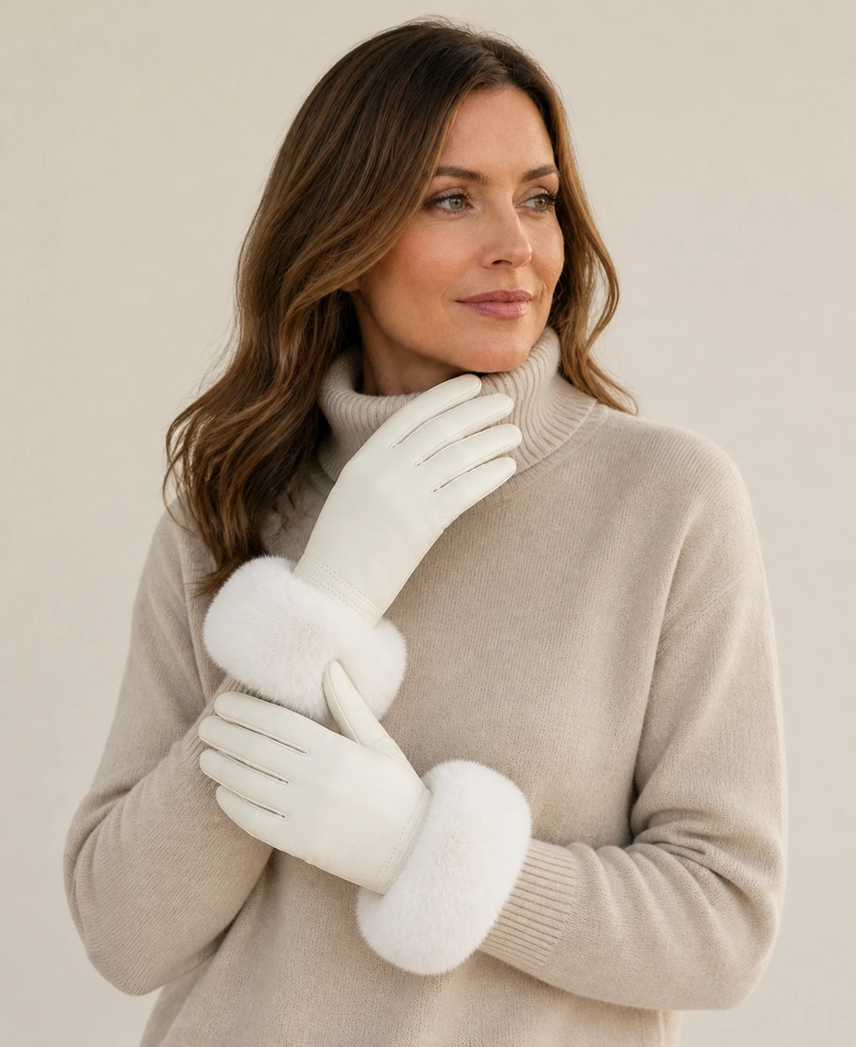 Women's Sheepskin Leather Gloves with Rex Rabbit Fur Cuffs – Color: White on-model lifestyle image