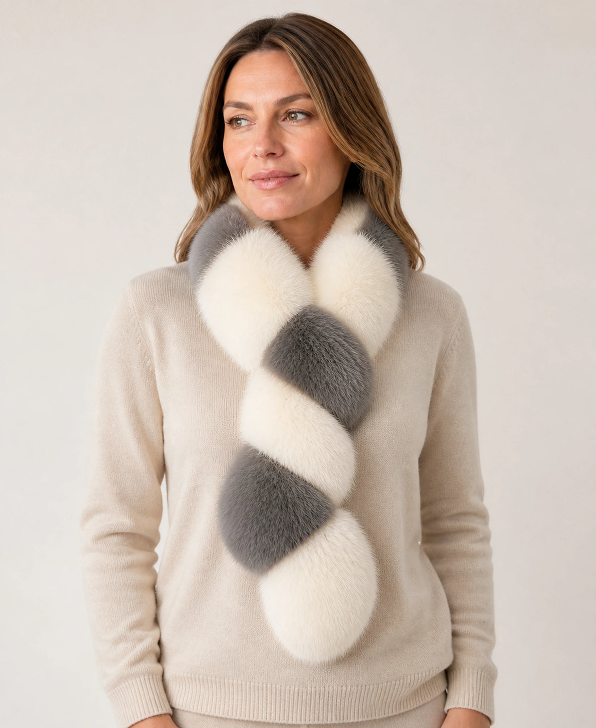 Women's Genuine Fox & Rex Rabbit Fur Colorblock Scarf – Color: Charcoal & Ivory on-model lifestyle image