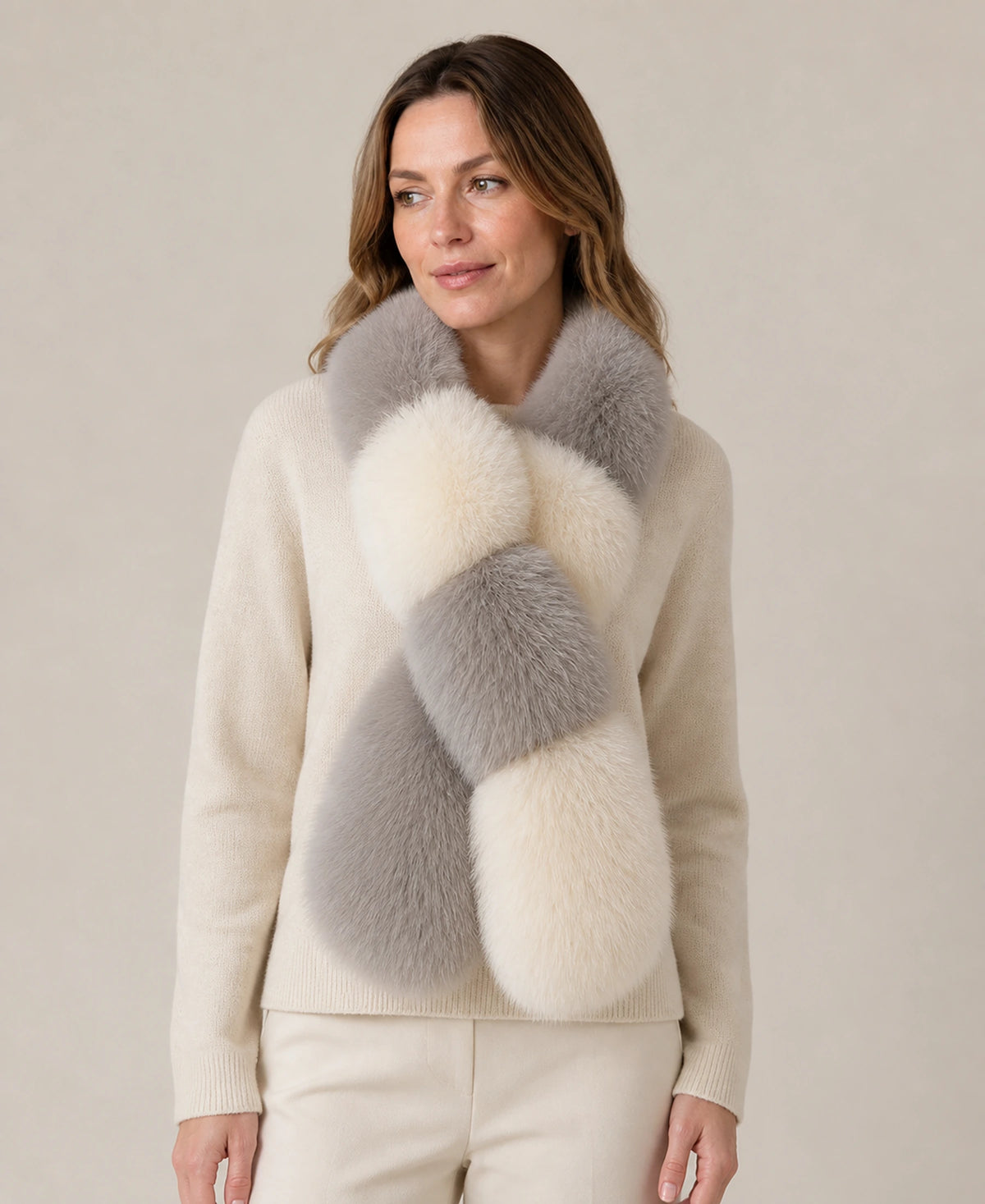 Women's Genuine Fox & Rex Rabbit Fur Colorblock Scarf – Color: Silver Gray & Ivory on-model lifestyle image