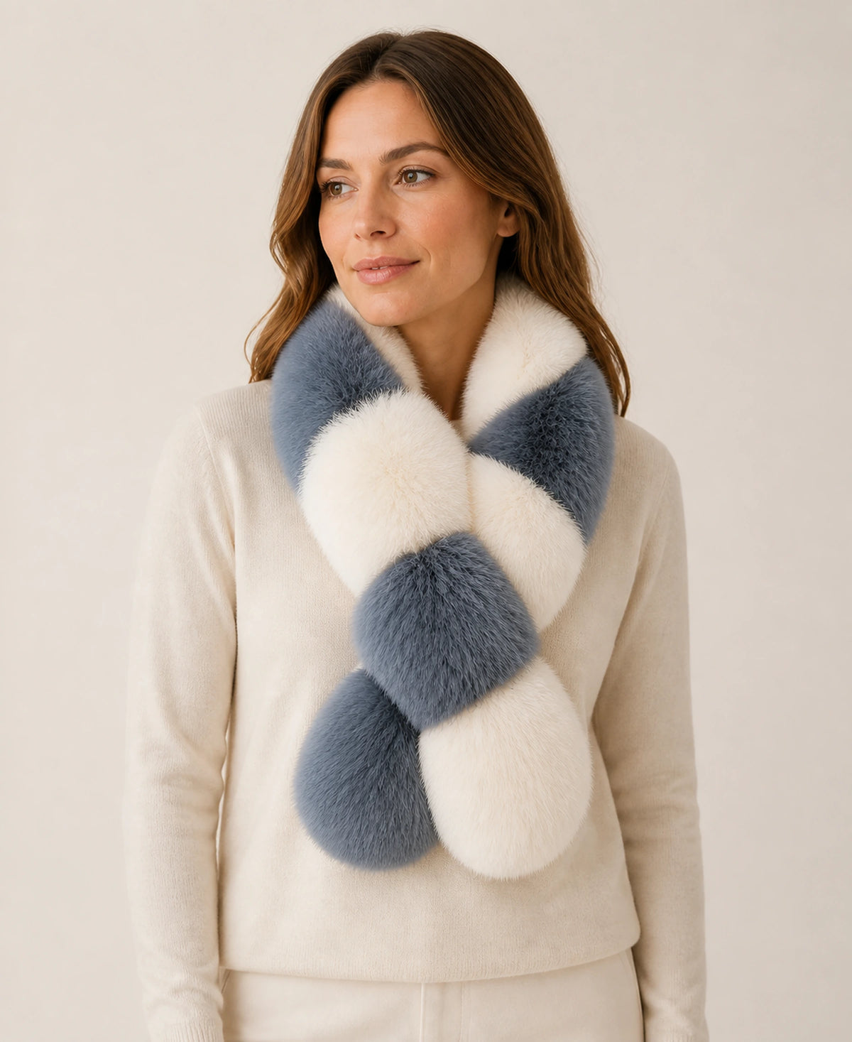 Women's Genuine Fox & Rex Rabbit Fur Colorblock Scarf – Color: Slate Blue & Ivory on-model lifestyle image