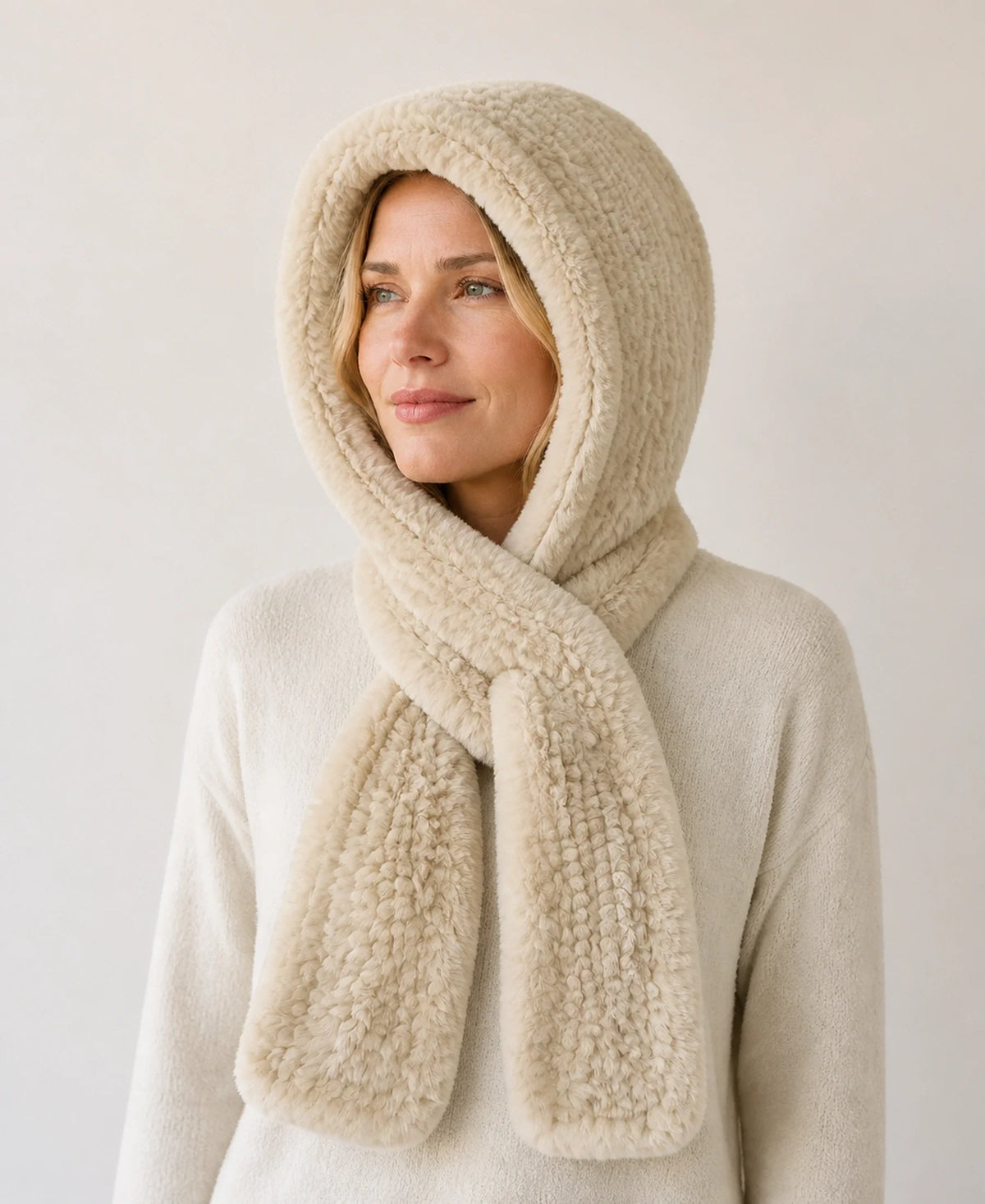 Women's Rex Rabbit Fur Hooded Scarf for Full Ear Coverage – Color: Cream Beige | Style: Separate on-model lifestyle image