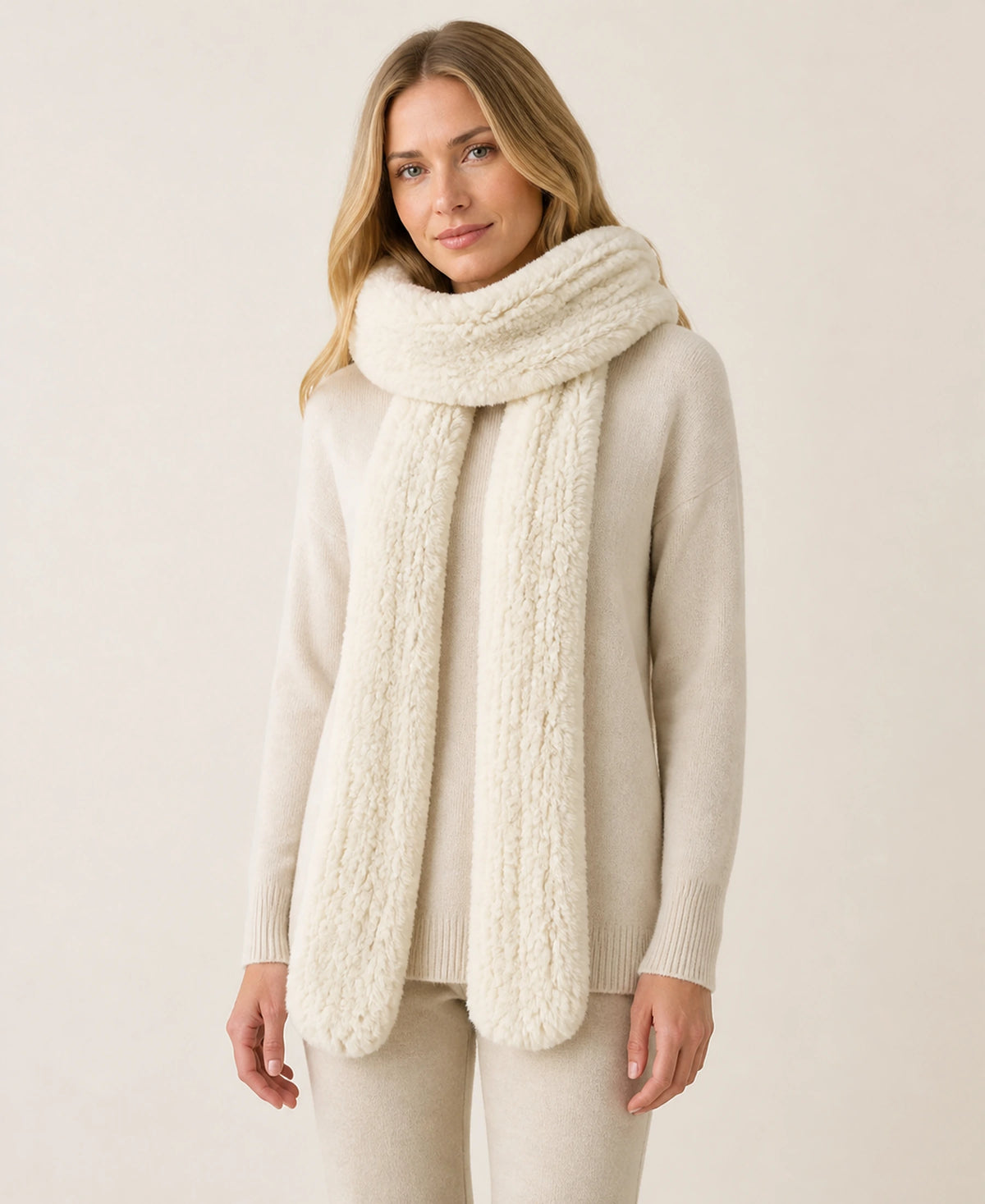 Women's Rex Rabbit Fur Hooded Scarf for Full Ear Coverage – Color: Ivory White | Style: Separate on-model lifestyle image