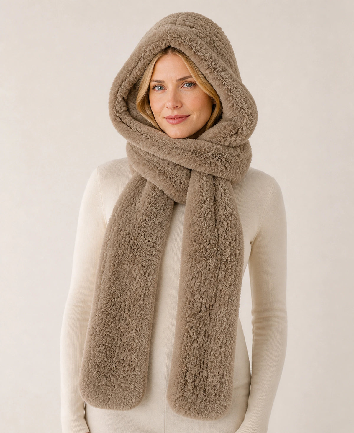 Women's Rex Rabbit Fur Hooded Scarf for Full Ear Coverage – Color: Mocha Brown | Style: Separate on-model lifestyle image