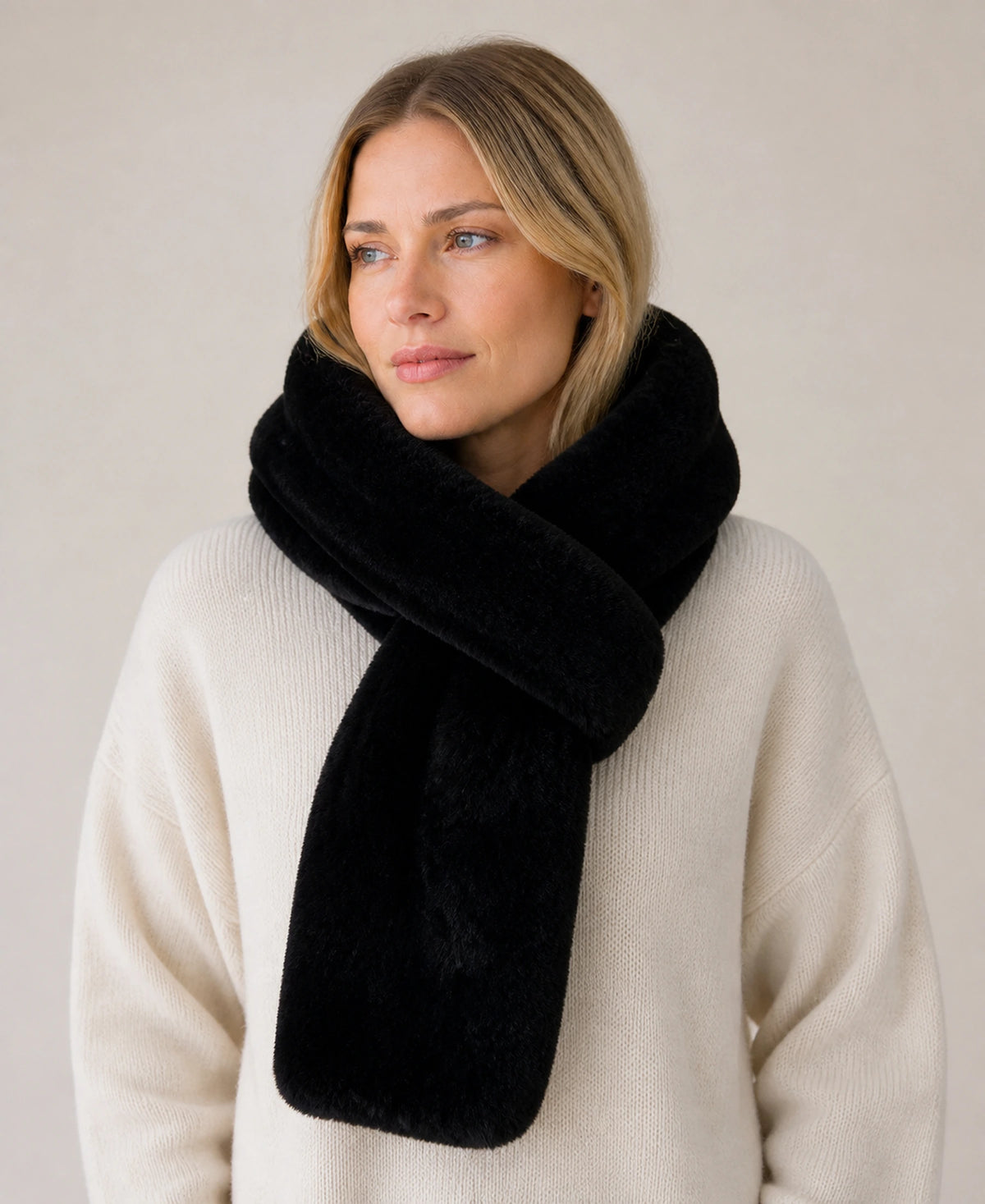 Women's Rex Rabbit Fur Hooded Scarf for Full Ear Coverage – Color: Natural Black | Style: Connected on-model lifestyle image