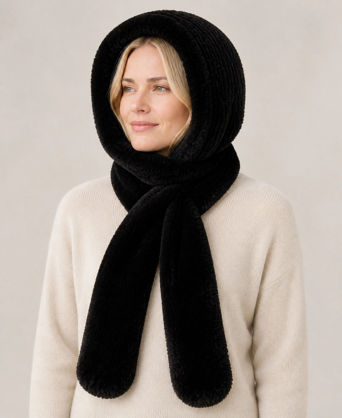 Women's Rex Rabbit Fur Hooded Scarf for Full Ear Coverage – Color: Natural Black | Style: Separate on-model lifestyle image