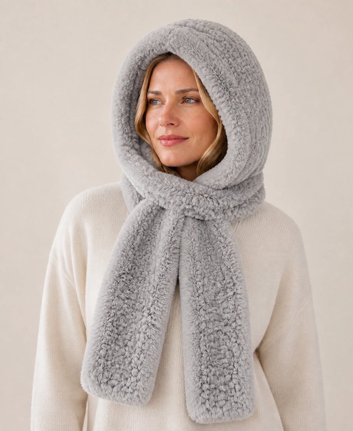 Women's Rex Rabbit Fur Hooded Scarf for Full Ear Coverage – Color: Silver Gray | Style: Separate on-model lifestyle image