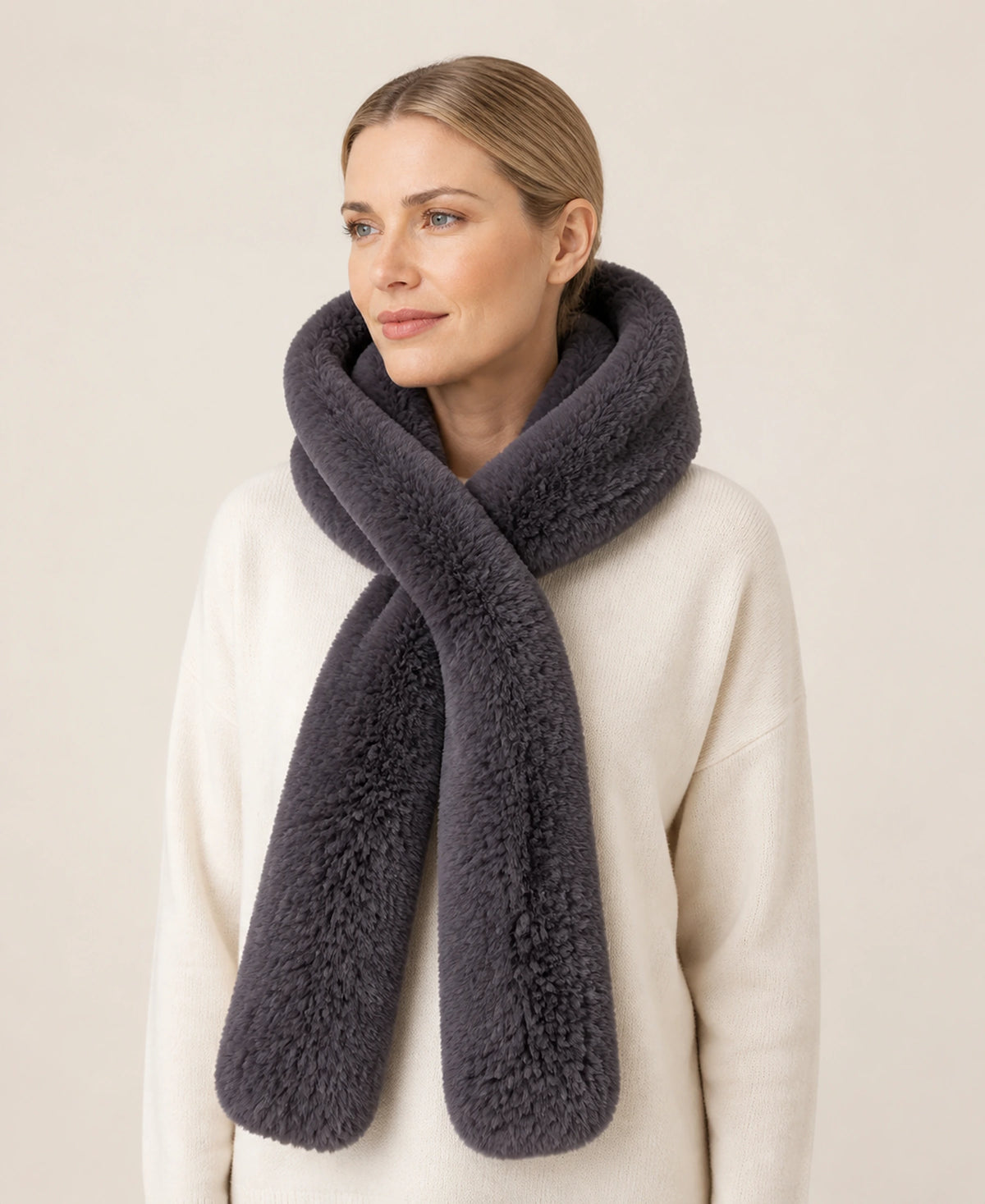 Women's Rex Rabbit Fur Hooded Scarf for Full Ear Coverage – Color: Smoky Purple Gray | Style: Separate on-model lifestyle image
