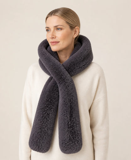 Women's Rex Rabbit Fur Hooded Scarf for Full Ear Coverage – Color: Smoky Purple Gray | Style: Separate on-model lifestyle image