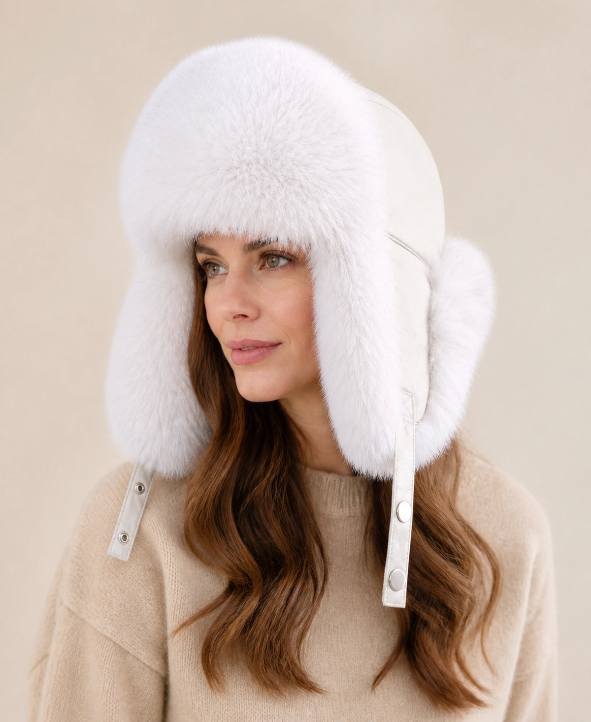 Unisex Raccoon Dog & Fox Fur Sheepskin Ushanka Hat – Color: Arctic White Fox on-model lifestyle image