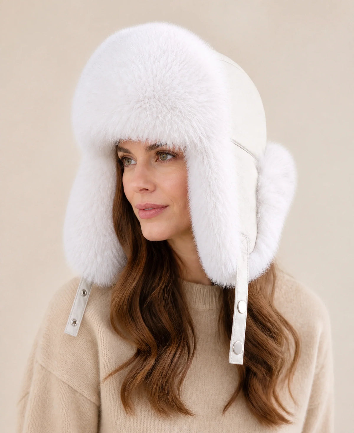 Unisex Raccoon Dog & Fox Fur Sheepskin Ushanka Hat – Color: Arctic White Fox on-model lifestyle image