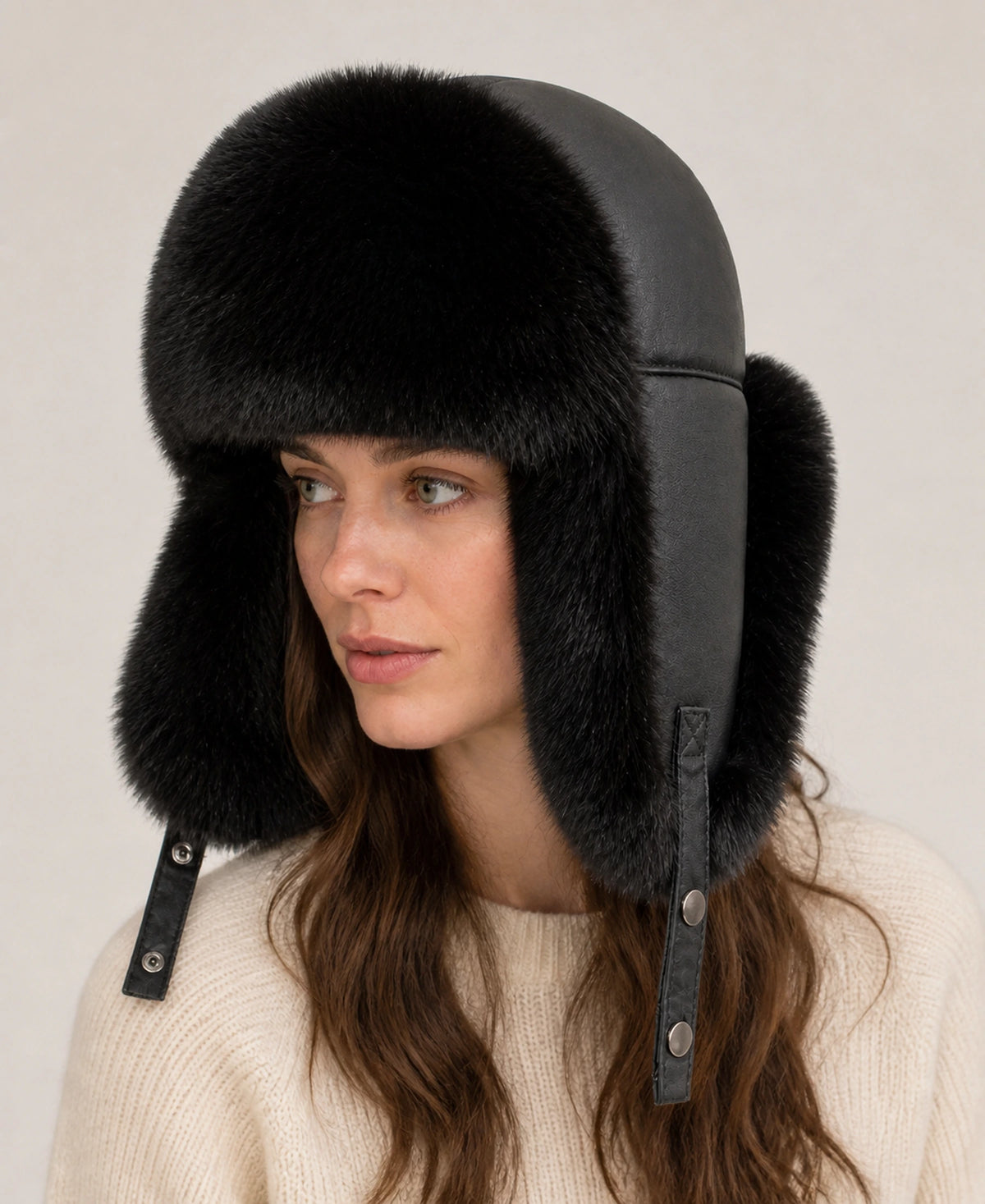 Unisex Raccoon Dog & Fox Fur Sheepskin Ushanka Hat – Color: Black Fox on-model lifestyle image