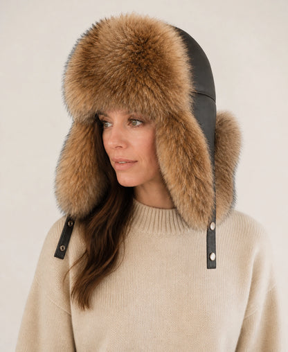 Unisex Raccoon Dog & Fox Fur Sheepskin Ushanka Hat – Color: Raccoon Brown on-model lifestyle image