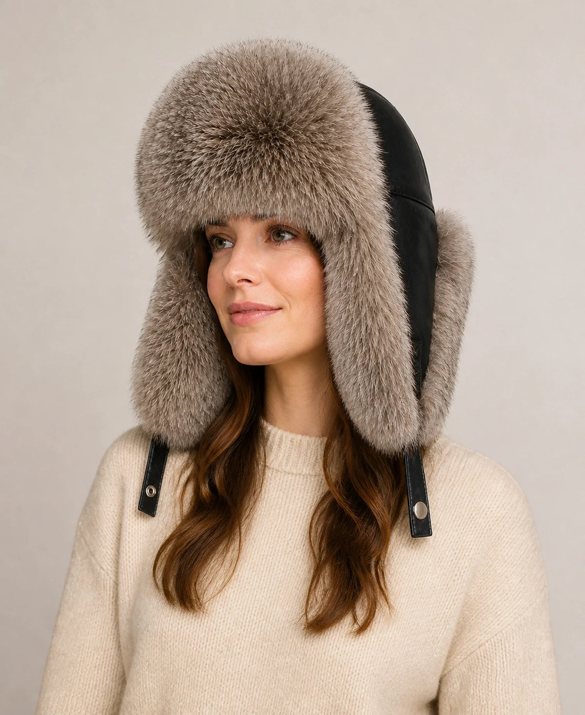 Unisex Raccoon Dog & Fox Fur Sheepskin Ushanka Hat – Color: Silver Fox on-model lifestyle image