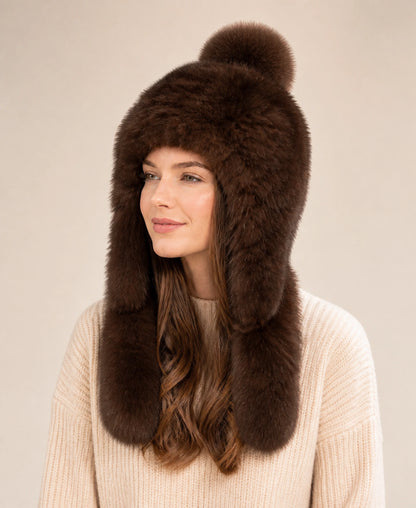 Women's Sable Fur Earflap Winter Hat with Fox Fur Pom-Pom – Default on-model lifestyle image