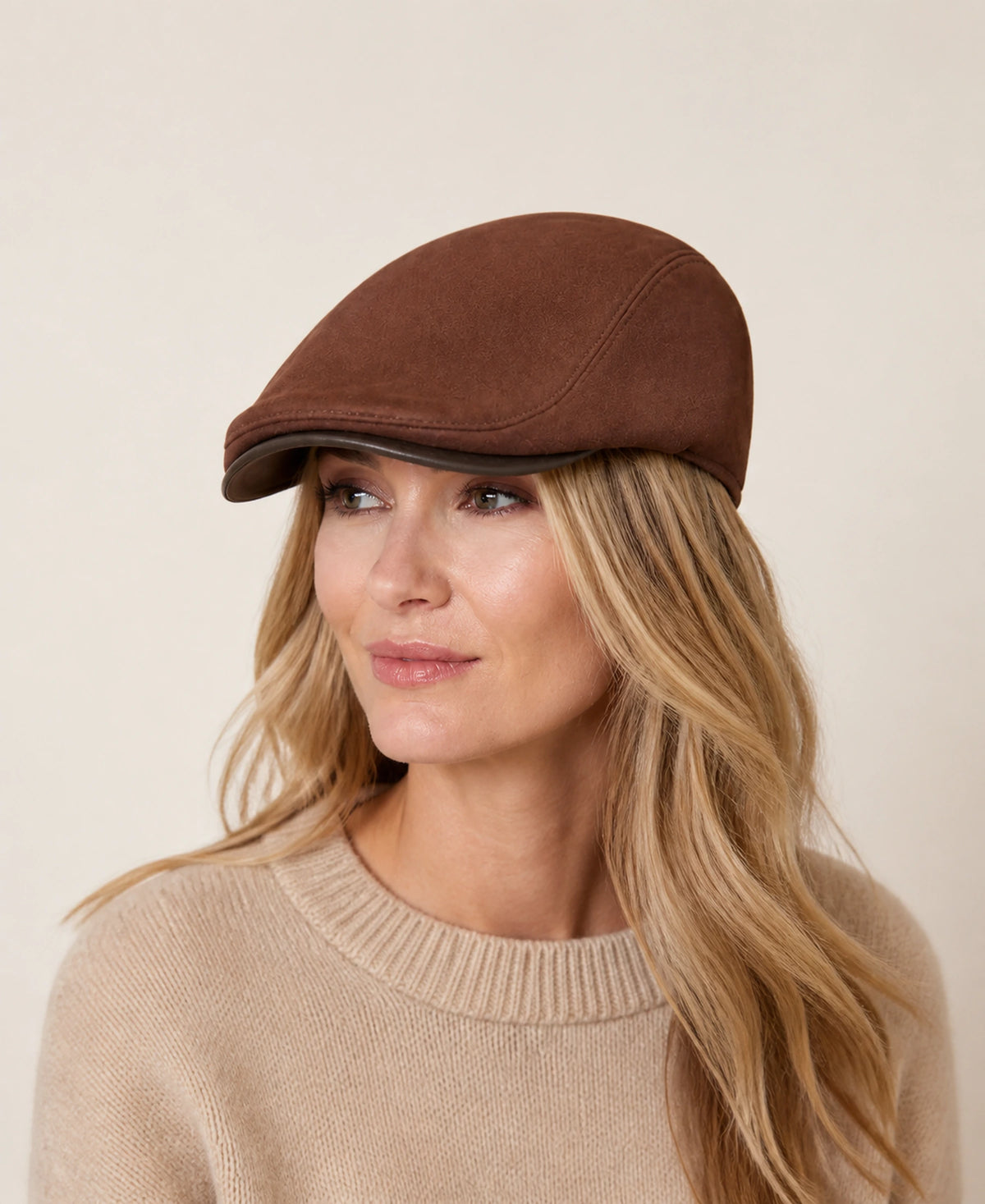 Women's Genuine Sheepskin Leather Newsboy Cap – Color: Mocha Brown on-model lifestyle image
