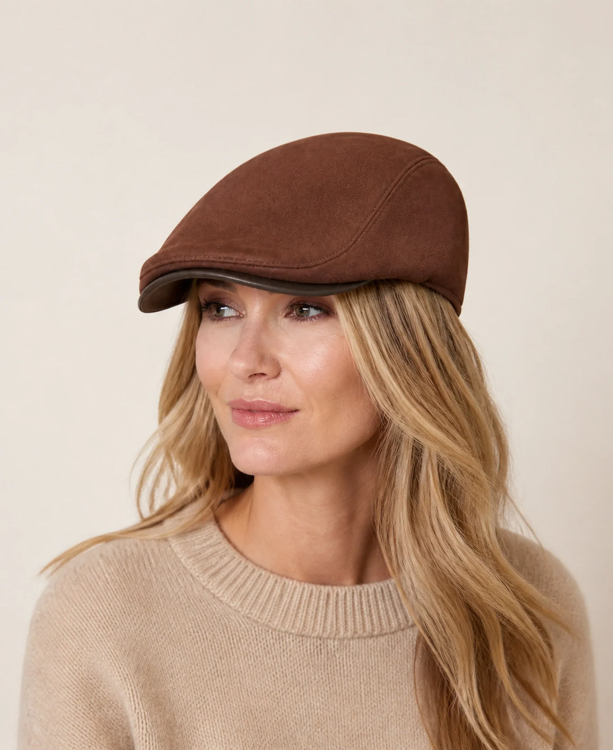 Women's Genuine Sheepskin Leather Newsboy Cap – Color: Mocha Brown on-model lifestyle image
