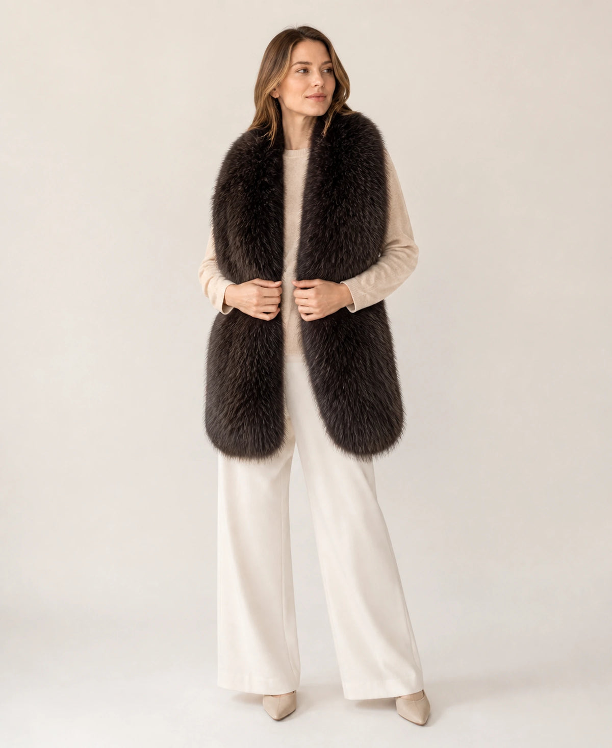 Women's Genuine Fox Fur Double-Sided Long Shawl – Color: Dark Chocolate Brown on-model lifestyle image