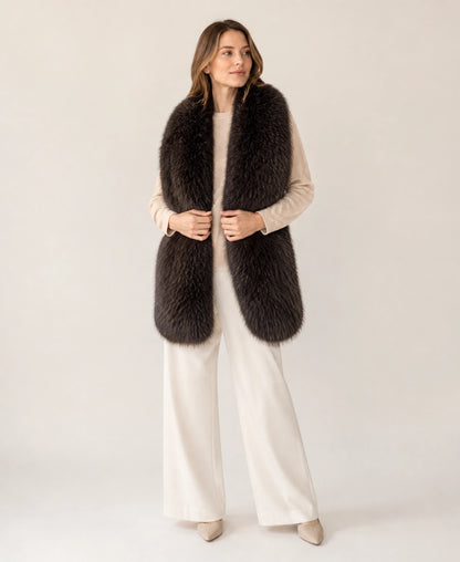 Women's Genuine Fox Fur Double-Sided Long Shawl – Color: Dark Chocolate Brown on-model lifestyle image