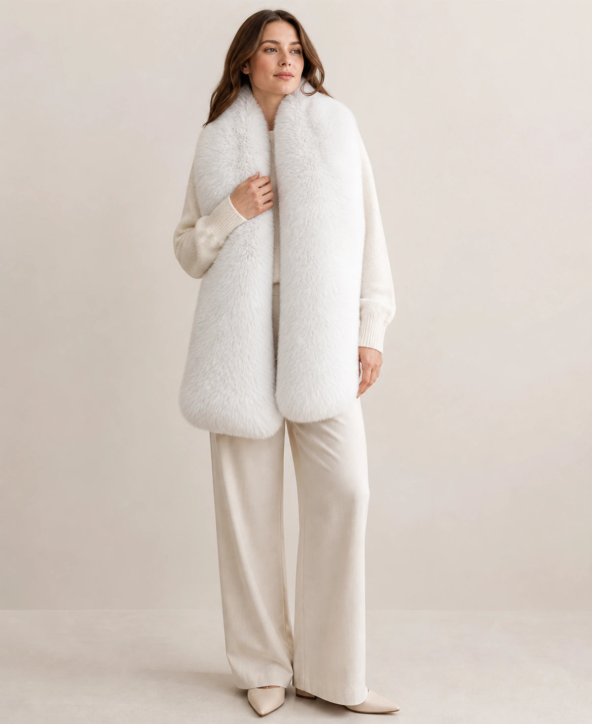 Women's Genuine Fox Fur Double-Sided Long Shawl – Color: Ivory White on-model lifestyle image