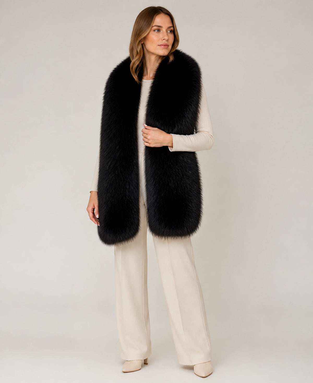 Women's Genuine Fox Fur Double-Sided Long Shawl – Color: Natural Black on-model lifestyle image