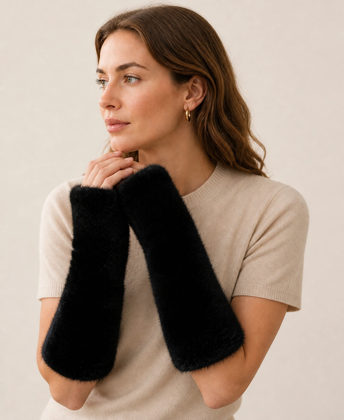 Women's Genuine Mink Fur Fingerless Arm Warmers, 30-40 cm – Color: Black | Length: 30 cm on-model lifestyle image
