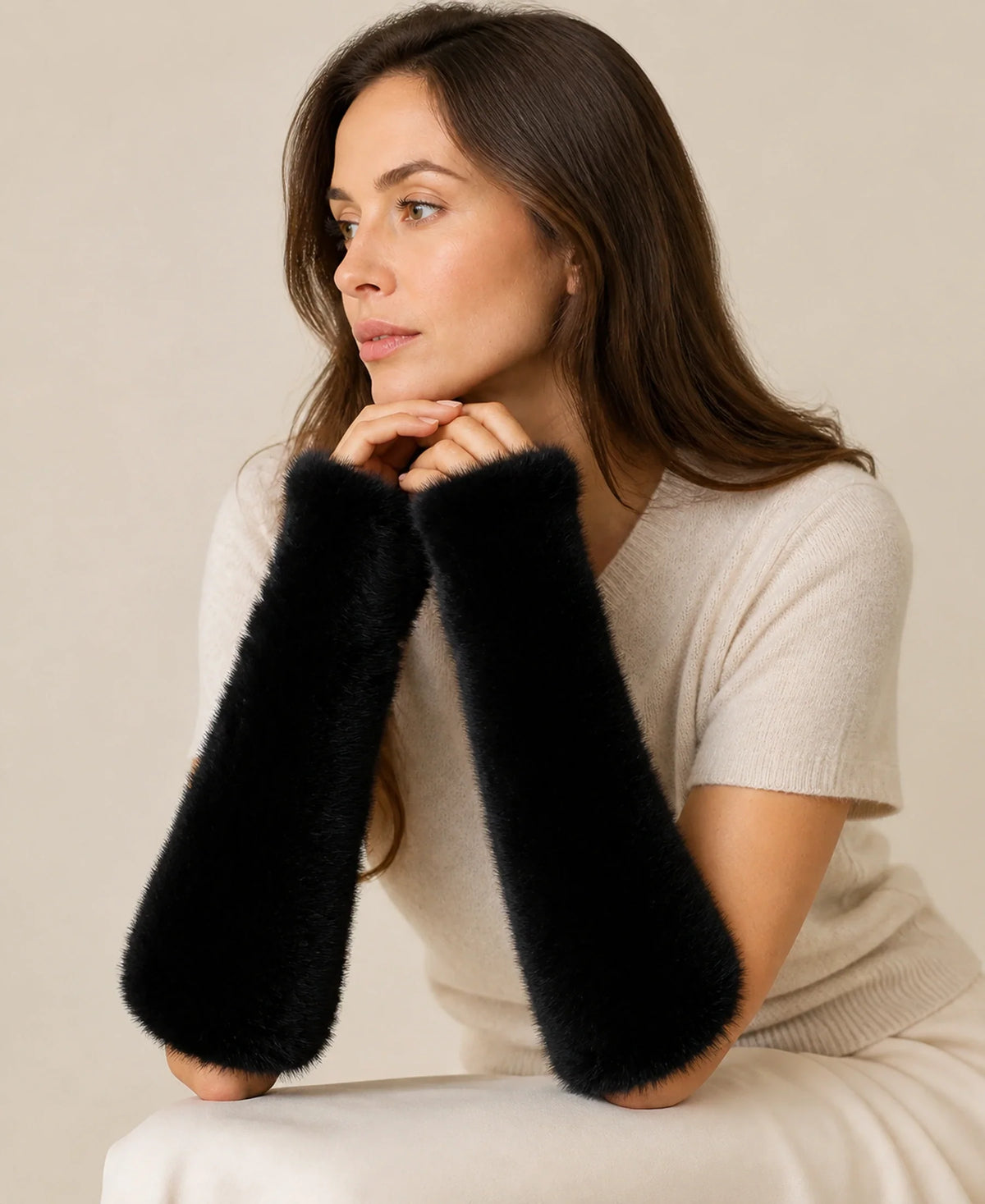 Women's Genuine Mink Fur Fingerless Arm Warmers, 30-40 cm – Color: Black | Length: 40 cm on-model lifestyle image