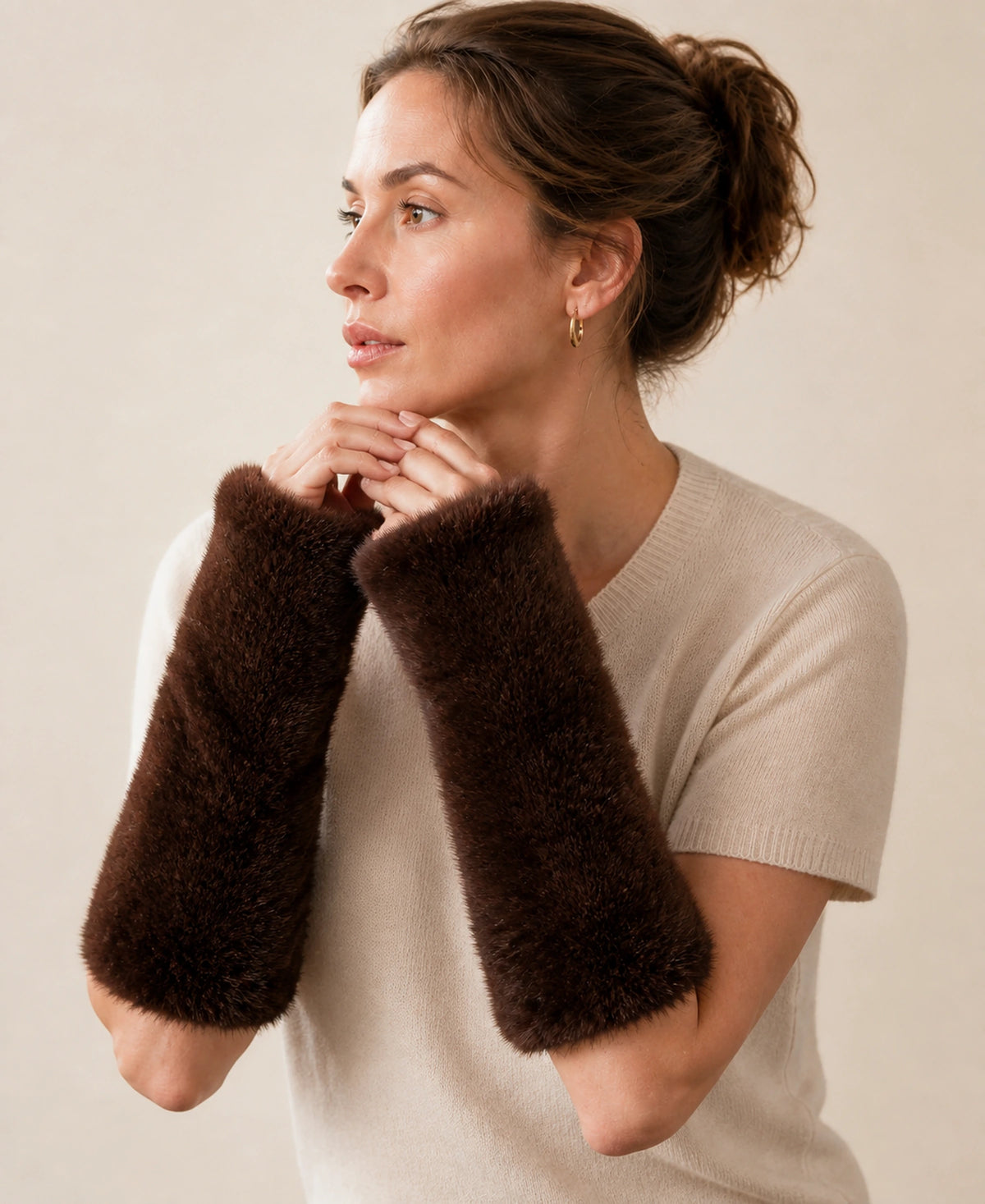Women's Genuine Mink Fur Fingerless Arm Warmers, 30-40 cm – Color: Dark Brown | Length: 30 cm on-model lifestyle image