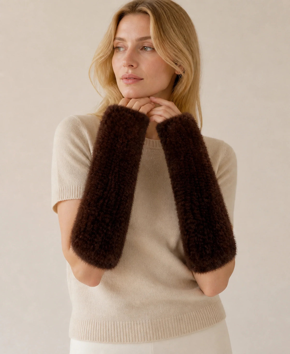 Women's Genuine Mink Fur Fingerless Arm Warmers, 30-40 cm – Color: Dark Brown | Length: 40 cm on-model lifestyle image