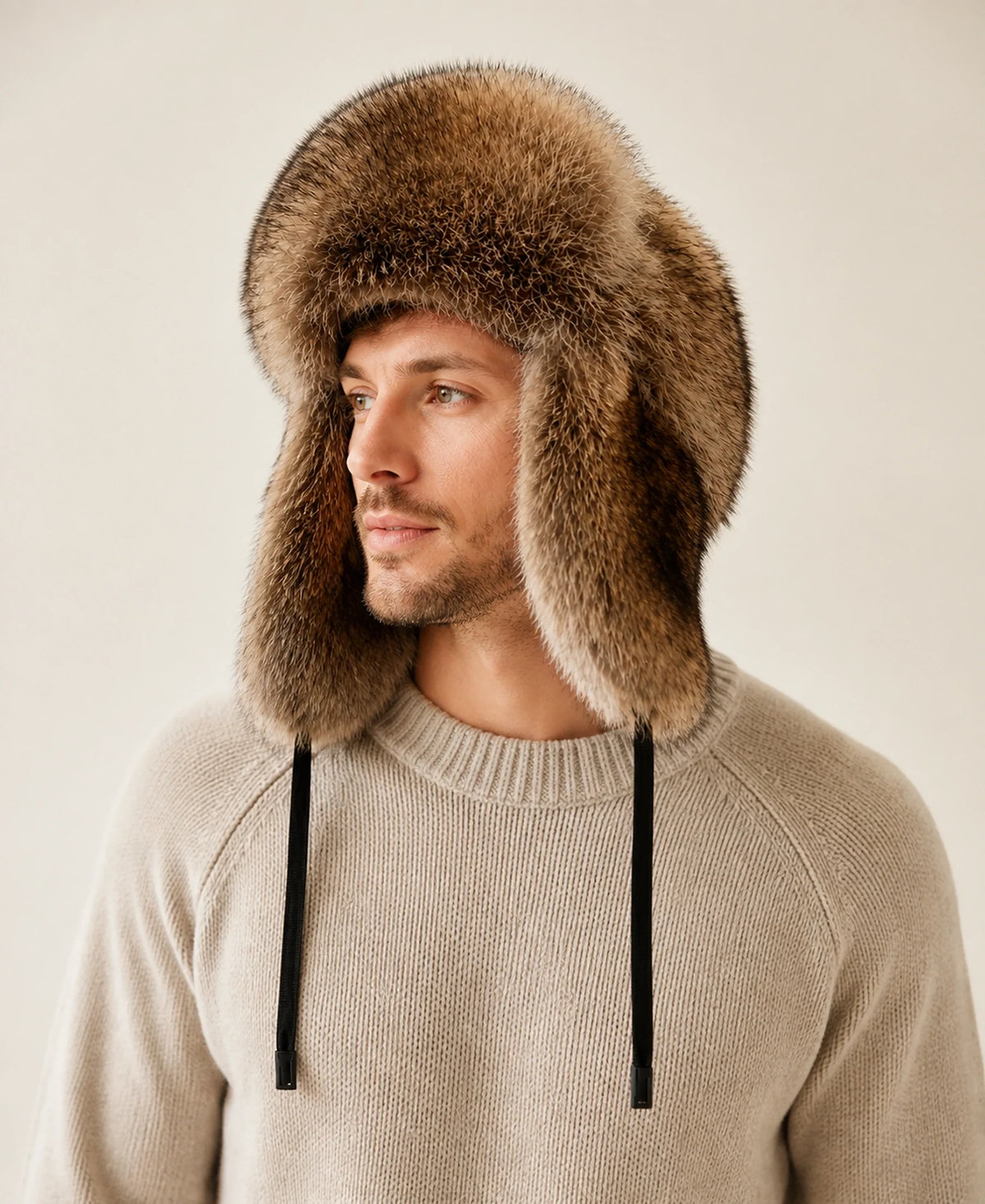 Unisex Genuine Raccoon Fur Earflap Trapper Hat – Default on-model lifestyle image
